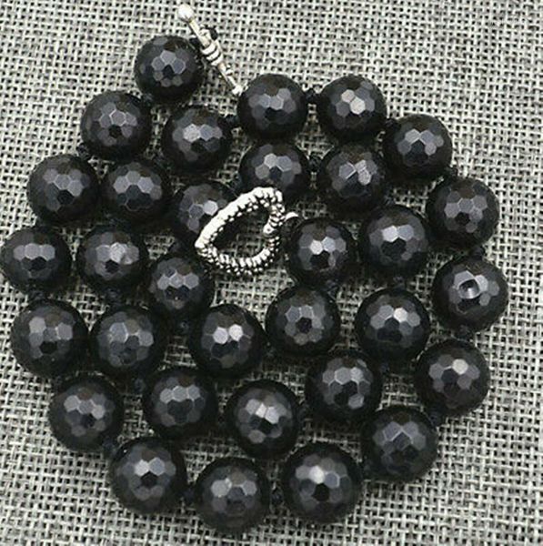 Catene Naturali 10mm Agata nera Gemme sfaccettate Collana di perline 16-25 '' Chiusura in argento tibetano Catene Heal22