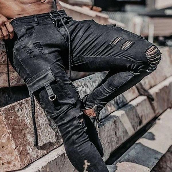 

men's pants men's pants men jeans drawstring high waist desighner jean autumn mens clothing biker straight denim washed hole pant, Black