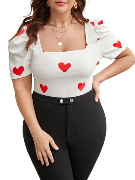 

plus heart print square neck puff sleeve tee c3kb#, Black