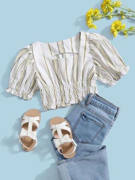 

toddler girls striped shirred puff sleeve she, White;black