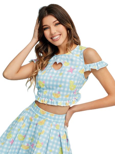 

x starposhop gingham & star print cold shoulder cutout zip back e2d1#, White