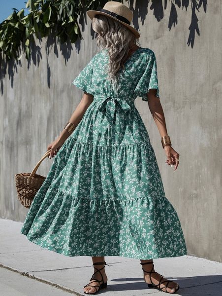 

ditsy floral flounce hem dress x3ce#, Black;gray