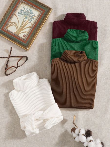 

4pcs turtle neck ribbed knit sweater y8xu#, White;black