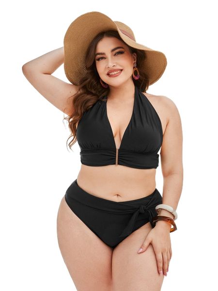 

plus tie backless halter bikini swimsuit x280#, White;black