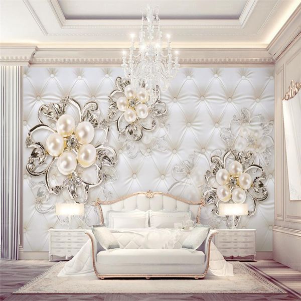 3D Wallpaper Home Decor in pelle European European Soft Pearl Flower Wallpaper 3 D Soggiorno Sfondo personalizzato Carta da parati Murale