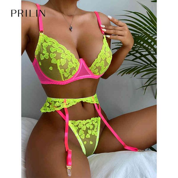 Set di lingerie sexy da donna Reggicalze con reggicalze verde fluorescente a cuore in pizzo Reggiseni push up Mutandine sessuali Tentazione Biancheria intima erotica sensuale