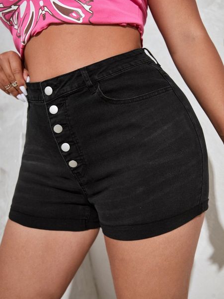 

plus button front denim shorts m8bx#, White;black