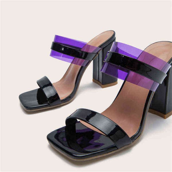 

slippers beach designer 2022 summer new retro color matching high heels square toe chunky heeled sandals flip flops women shoes 220310, Black