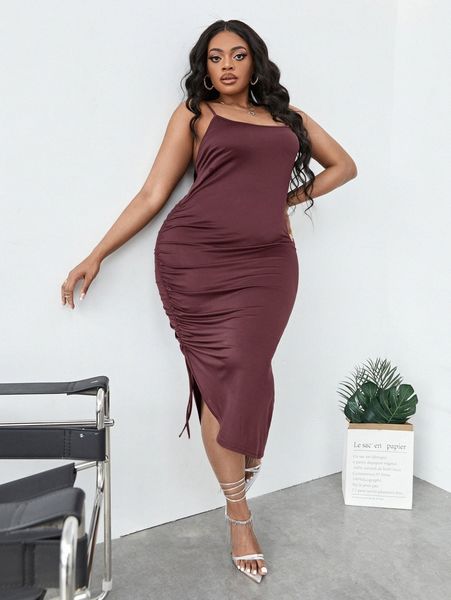 

sxy plus drawstring split thigh cami dress k5zk#, Black