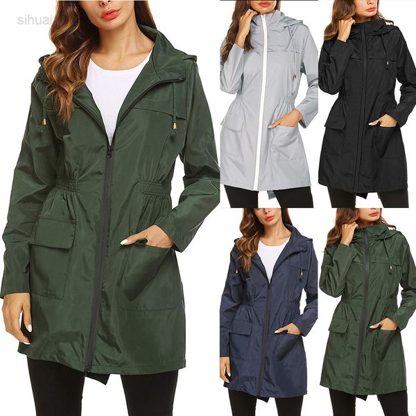 

in voorraad vrouwen effen regen jas outdoor jassen hooded regenjas winddicht comfy losse hoge kwaliteit jassen gratis snelle verzending l220, Tan;black