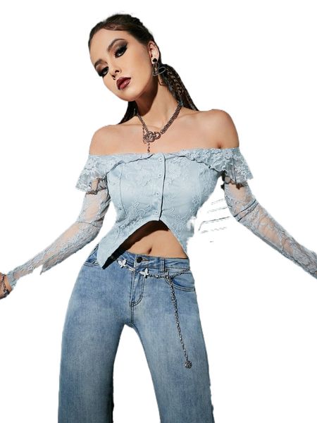 

off shoulder lettuce trim asymmetrical hem lace b6sk#, White