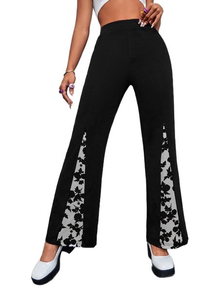 

high waist floral print flare leg pants a9vf#, Black;white