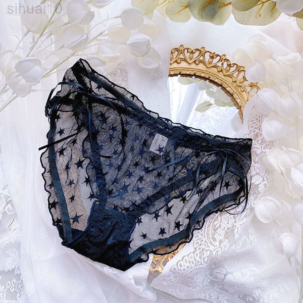 Lolita Bogen Transparent Weibliche Höschen Dünne Mesh Durchsichtig Stern Druck Rüschen Sommer Unterwäsche Plus Größe 3XL Kawaii Dessous L220802