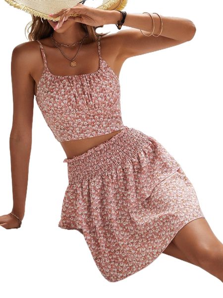 

ditsy floral ruched bust shirred back cami & layered hem skirt i0xe#, White
