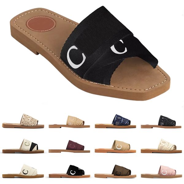 

women woody mules flat sandals designer canvas slippers rubber slides white black pink khaki navy blue lace lettering fabric womens summer o