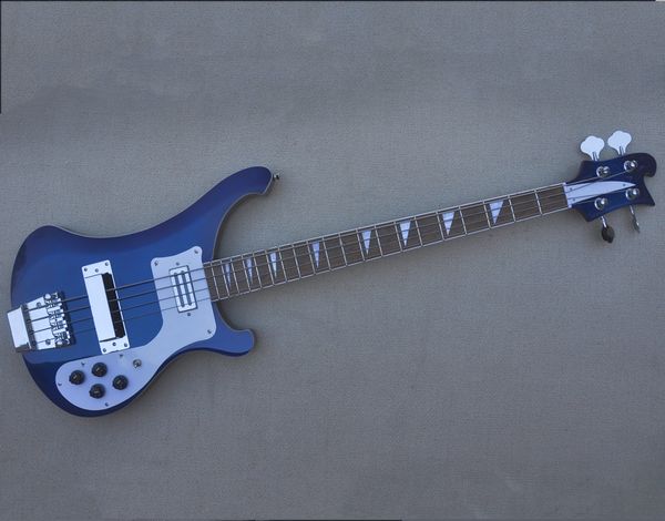 

4 string dark blue electric bass guitar with chrome hardware white pickguard