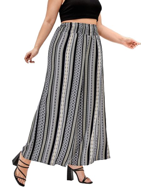 

plus shirred waist geo print pants v6io#, Black