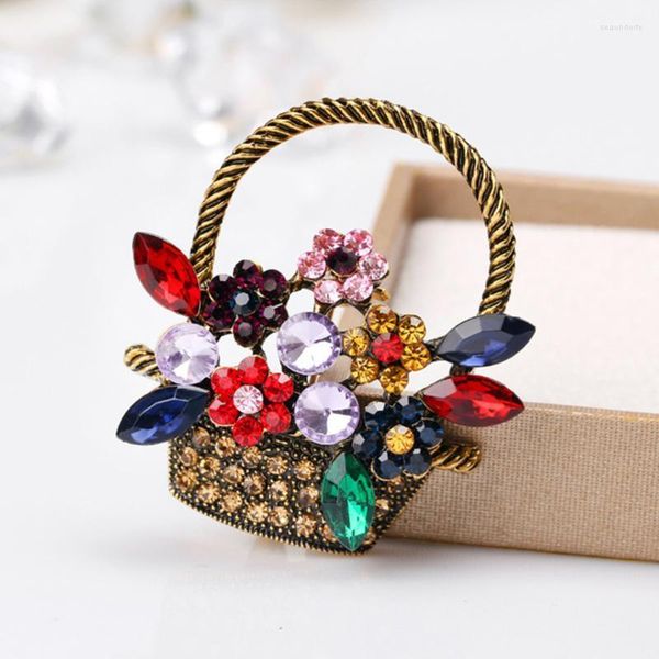 Pimler broşlar rhinestone çiçek sepeti şekli broş vintage kadınlar için renkli moda ceket pbrooches küçük hediyeler seau22