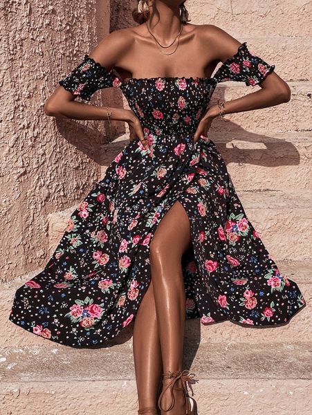 

floral print off shoulder shirred wrap dress g2mq#, Black;gray