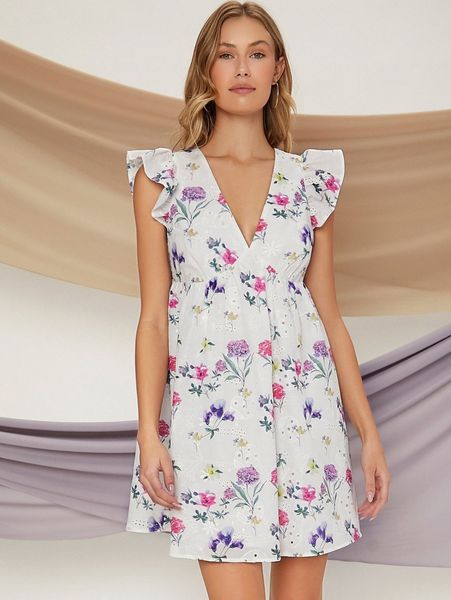 

floral print eyelet embroidery detail ruffle trim dress b3qq#, Black;gray