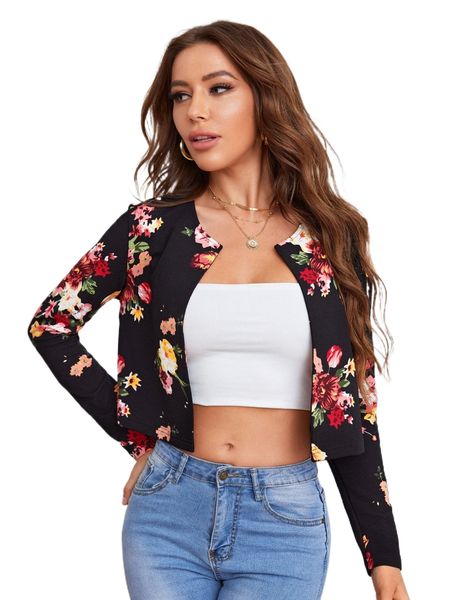 

floral print open front jacket o2hw#, Black;brown
