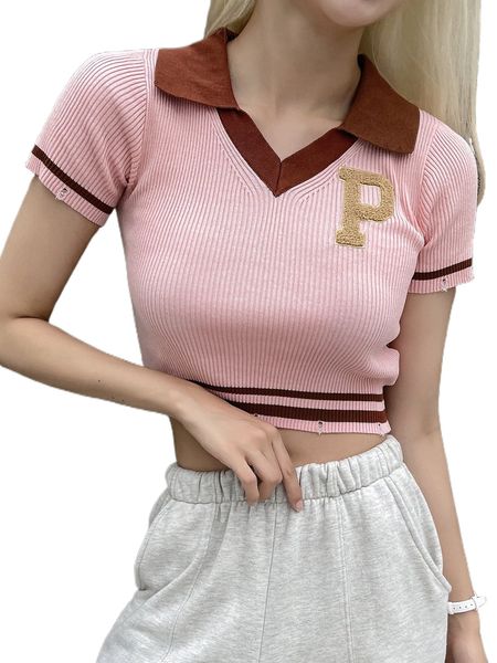 

dazy letter embroidery contrast collar ripped crop knit h1o5#, White;black