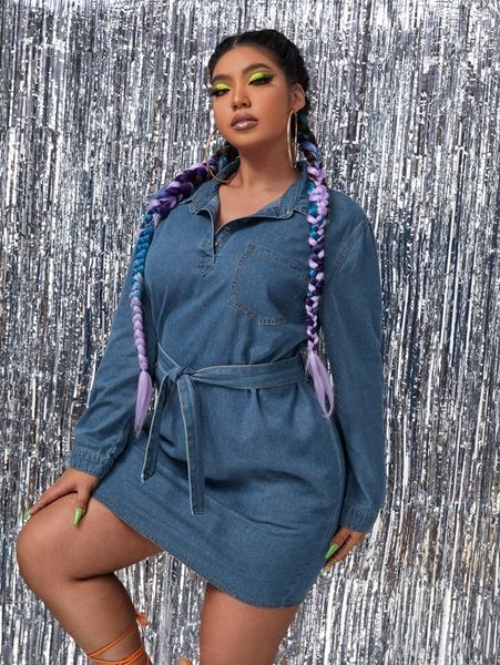 

plus half placket patched pocket belted denim dress r2pb#, Black