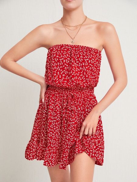 

ditsy floral tie waist ruffle hem tube dress m8zo#, Black;gray