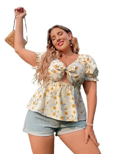 

plus floral print puff sleeve knot front peplum blouse e2cl#, Black