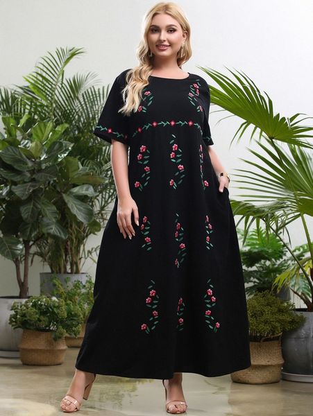 

plus floral embroidery tunic dress v2yk#, Black
