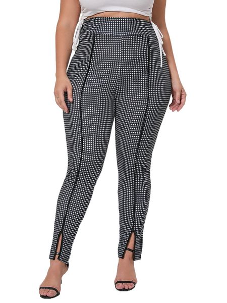 

plus houndstooth print split hem skinny pants t6bc#, Black