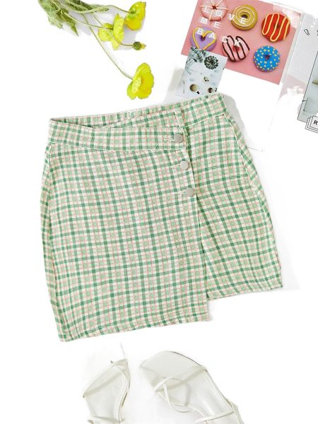 

plaid print button up wrap skirt d0hs#, Black