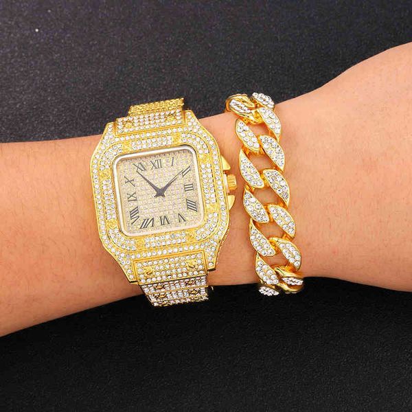 

men luxury hip hop iced out gold watch with cuban chain quartz square bracelet set for women reloj mujer45bn, Slivery;brown