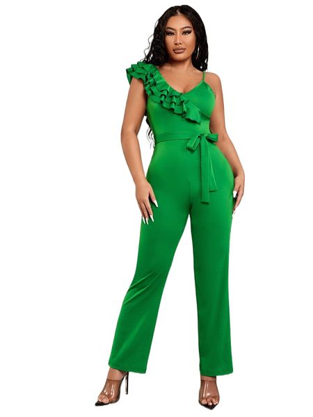 

sxy asymmetrical neck ruffle trim belted jumpsuit y6n2#, Black;white
