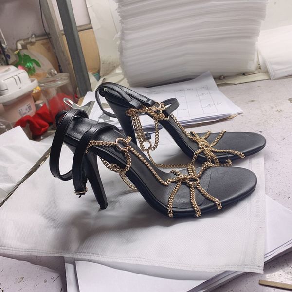 

2022fashion gladiator sandals open toes gold chain narrow band stiletto heel chic high heels women party footwear big size 46 designer shoes, Black