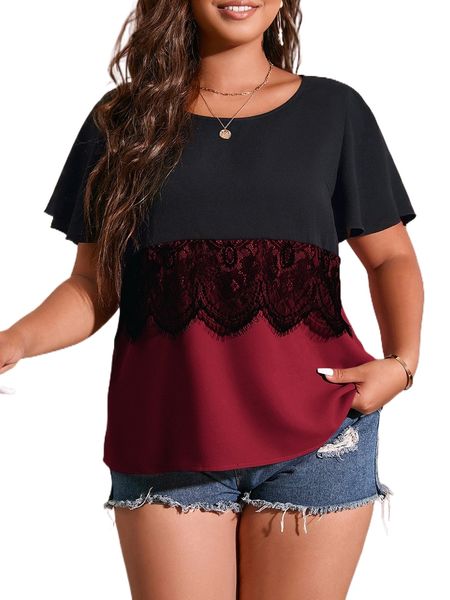 

plus color block lace panel chiffon blouse z3em#, Black