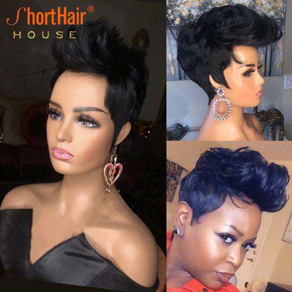 Pixie Cut Short Bob Wavy Wig 100% Human Hair None Lace Frontal Wigs For Women Natural Color Black Full Machine Made Cosplay Party