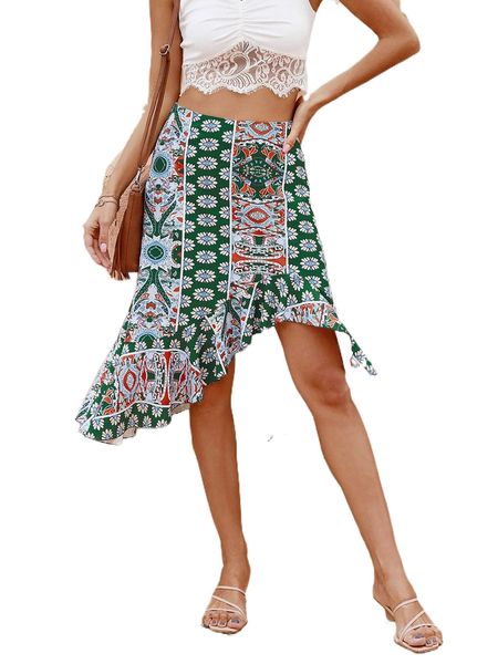 

floral print ruffle hem skirt x1ys#, Black