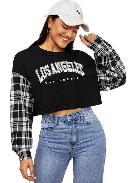 

plaid & letter graphic crop sweatshirt h2u4#, Black