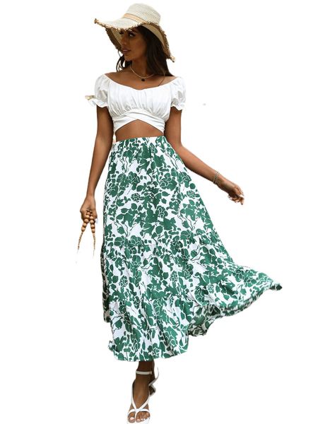 

allover floral print ruffle hem skirt w6g4#, Black