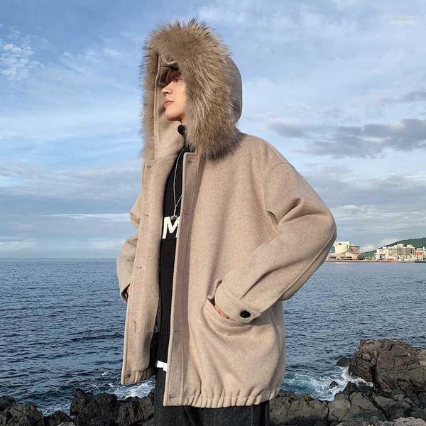 Misturas de lã masculina Yasuguoji 2022 Fashion Peur capuz de lã casacos e jaquetas engrossam inverno casaco quente azul marinho solto