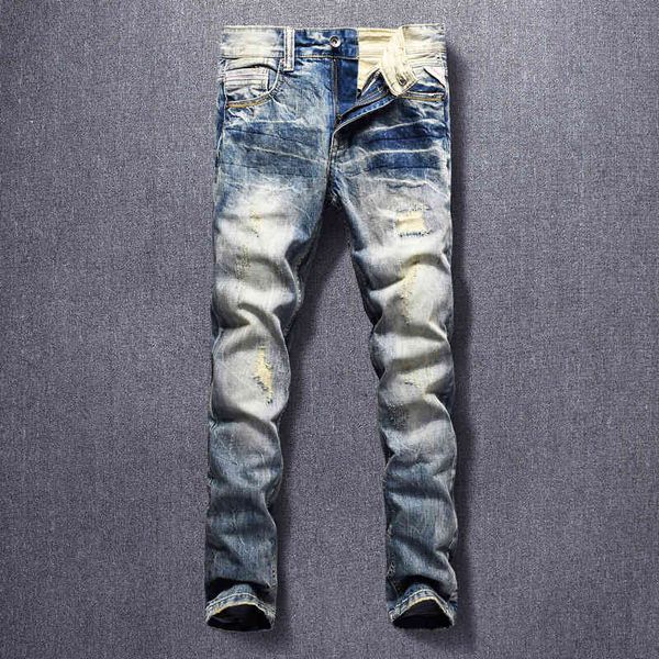 

men's jeans distressed embroidered patched jeans men's washed slim fit small leg straight casual trendy pants v2ia, Blue