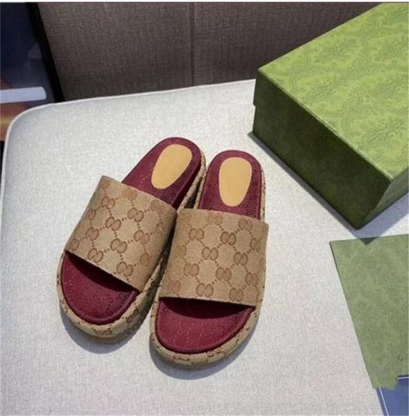 

2022 designer luxury women sandal canvas platform slippers real leather slides beige brick red colors beach slipper outdoor party sandals, Black