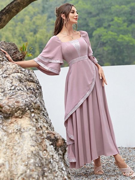 

contrast sequin square neck a-line dress p1ec#, Black;gray