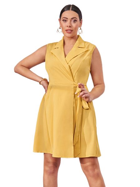 

plus lapel collar wrap knot side dress d80j#, Black