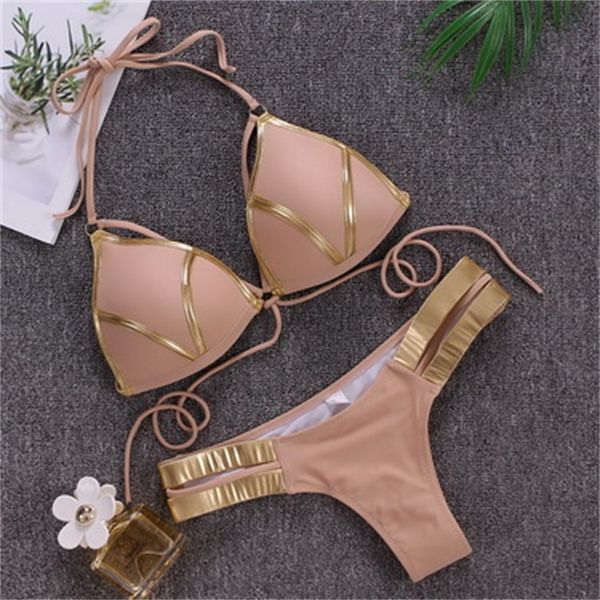 

wholesale 2022 swim wear bikini gold-stamped swimming suit three points explosive split ladies stitching sports flexible stylish women