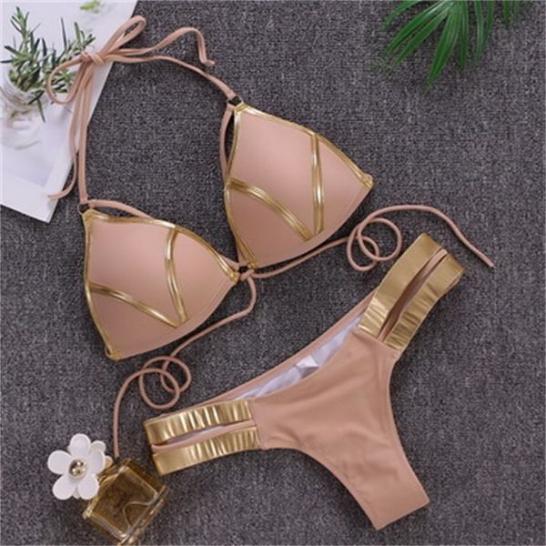 Atacado 2024 Swim Wear Bikini Gold-Carimbado Sexy Terno de Natação Três Pontos Explosivo Dividir Senhoras Costura Esportes Mulheres Elegantes Flexíveis