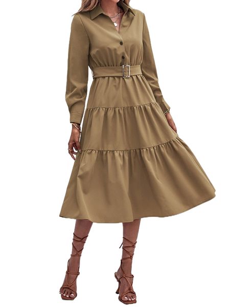

button front ruffle hem belted shirt dress e0xn#, Black;gray