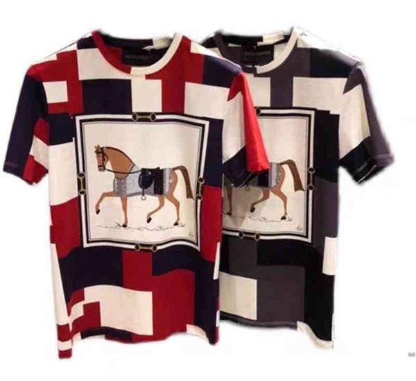 Designer de marcas de moda camiseta verão broca quente cavalo xadrez impressão masculino mulher amantes vintage algodão grande solto na moda em volta do pescoço oversized camiseta