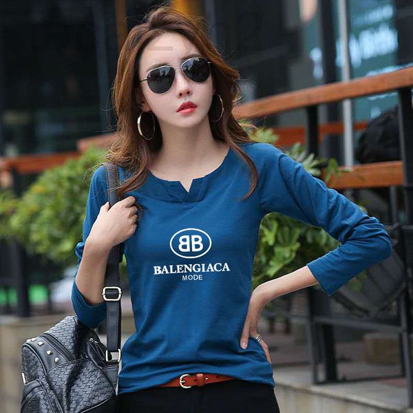 

women's t-shirt designer 2021 spring and winter new solid color small v-neck long sleeved t-shirt women's bottomed shirt korean sl, White